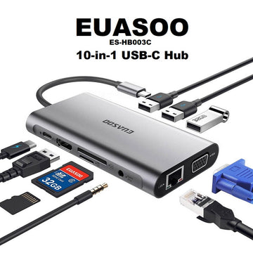 EUASOO 10-in-1 USB-C Hub Type C Adapter with HDMI 4K, Gigabit Ethernet, VGA, USB-C Female Power Delivery, Audio Output, 3x USB 3.0, SD/TF Card Reader - Imported from UK